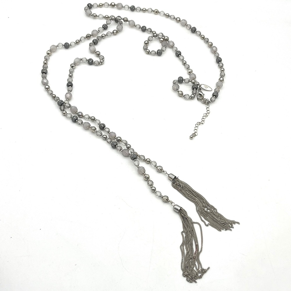 New York & Co Grey Silver Beaded Tassel Lariat Necklace Long Statement NY&Co